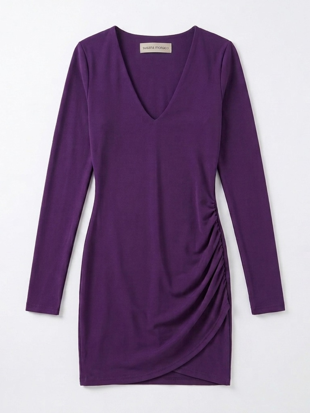 Susana Monaco Purple Ruched Bodycon Mini Dress XS Long Sleeve V Neck Y2K Party